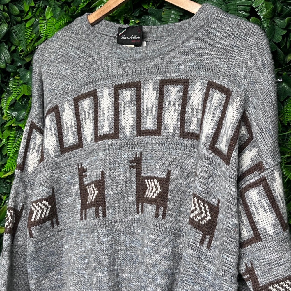Vintage Gian Alberto Sweater Mens Large Gray Llama Pattern Made in Italy 3342 - Picture 6 of 8
